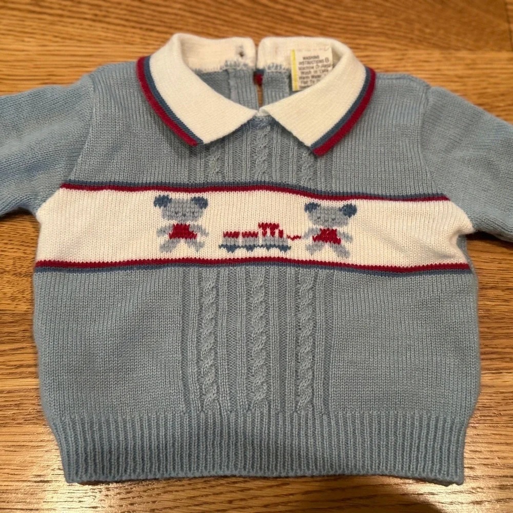 Vintage‎ Knit Sweater & Footed Pants Set Infant 3 Months Blue Bear Train 2pc